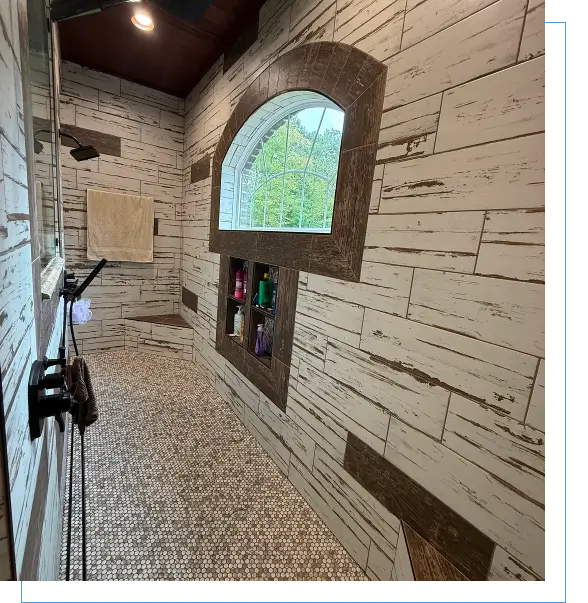 Rustic shower with wooden tile design.